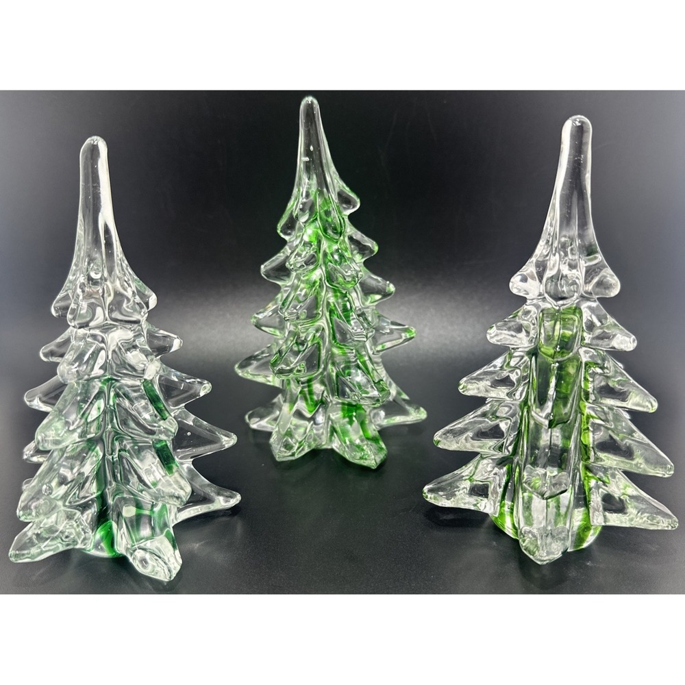 VTG Art Glass Set-3 Clear/Green Christmas Trees 6” (1) 5.5” (2) Silvestri/Enesco